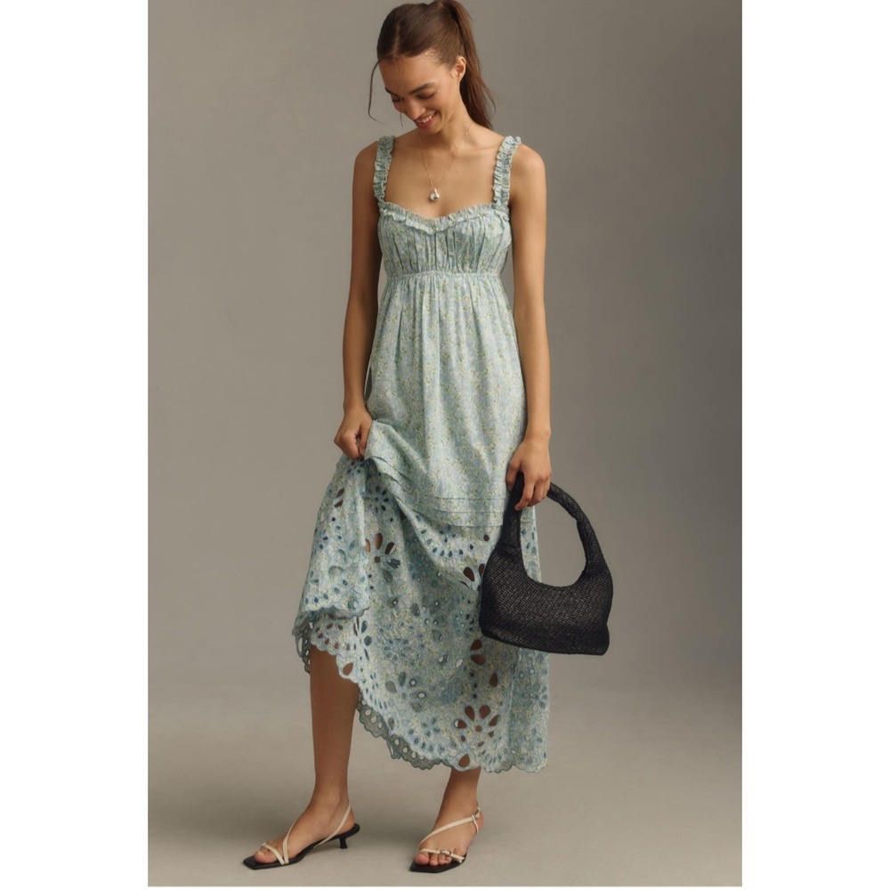Anthropologie Sweetheart Babydoll Maxi Dress M Blue Floral Ruffle Cottage Smock